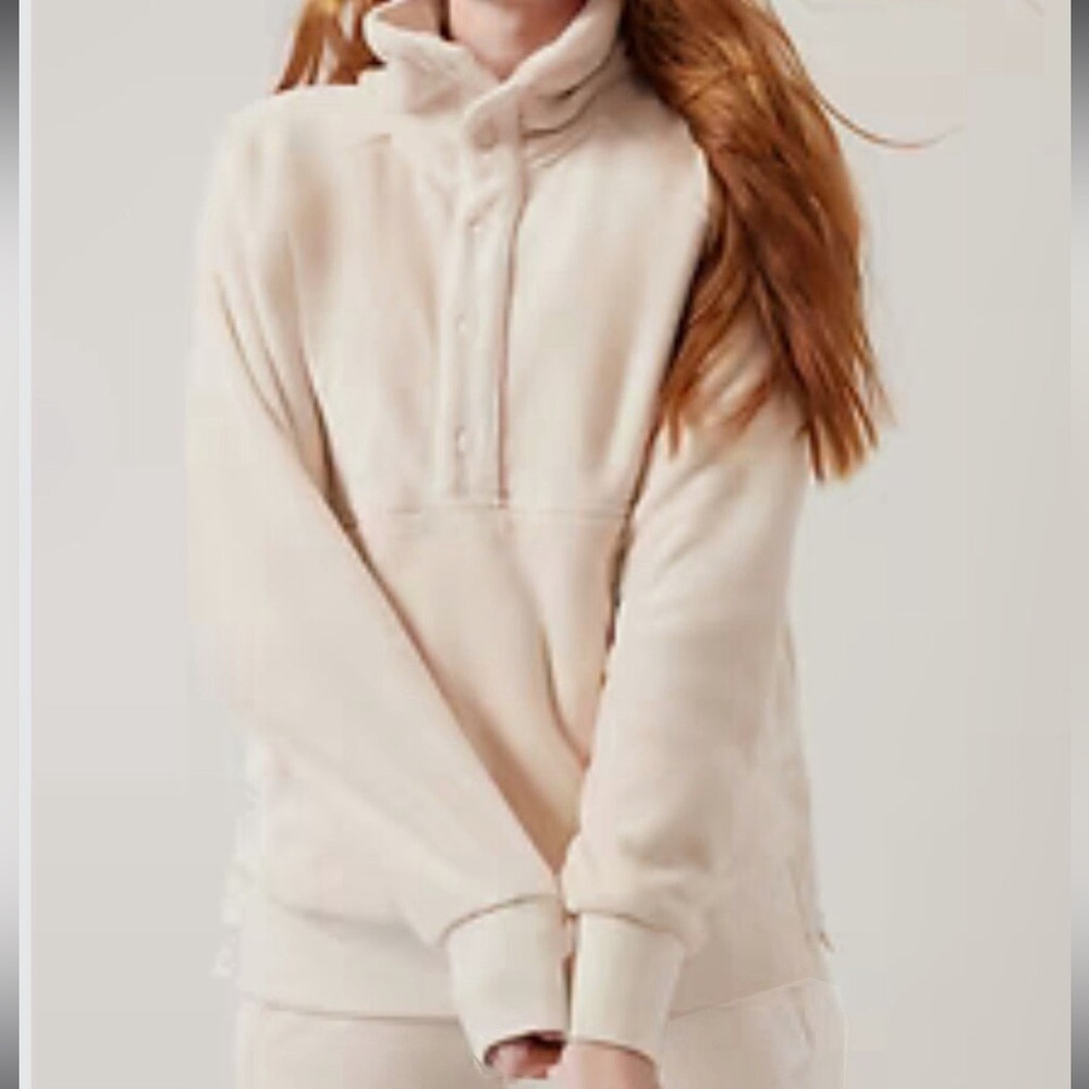 Athleta Recover Cozy Snap Front Sweatshirt Fleece Ivory Pullover Jacket size XS